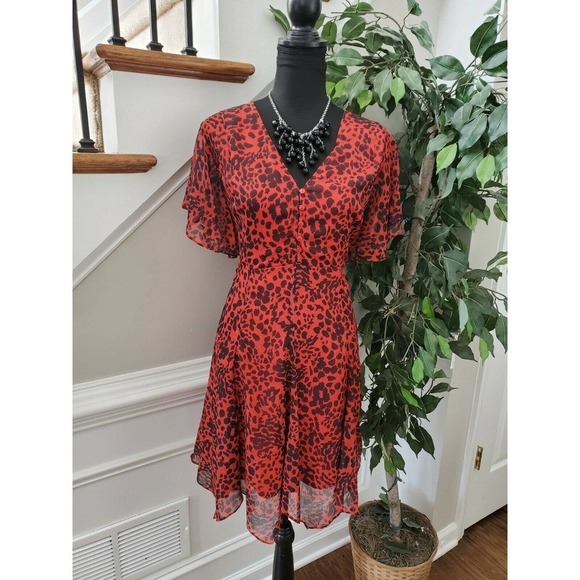 Boho Thread Women Red & Black Polyester V-Neck Short Sleeve Knee Length Dress M - Picture 1 of 11